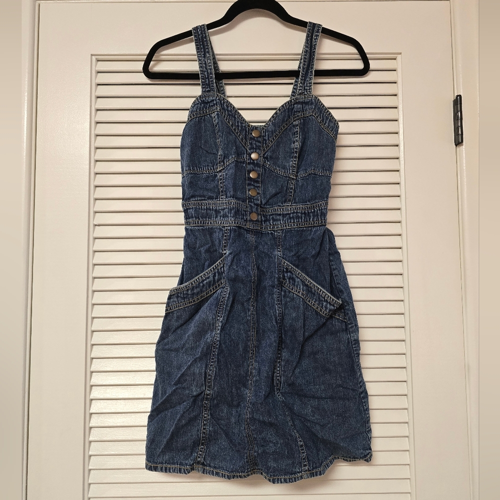 Japna - 100% Cotton Denim Overalls Sleeveless Dress With Smock Back & Pockets